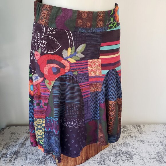 Desigual Spain Funky Patchwork Boho Bright Colourful Skirt w Flowers + Stripes - Picture 2 of 12